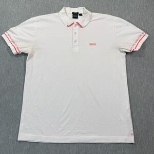 Hugo Boss Polo Men L White Regular Fit Red Trim Logo Cotton Short Sleeve